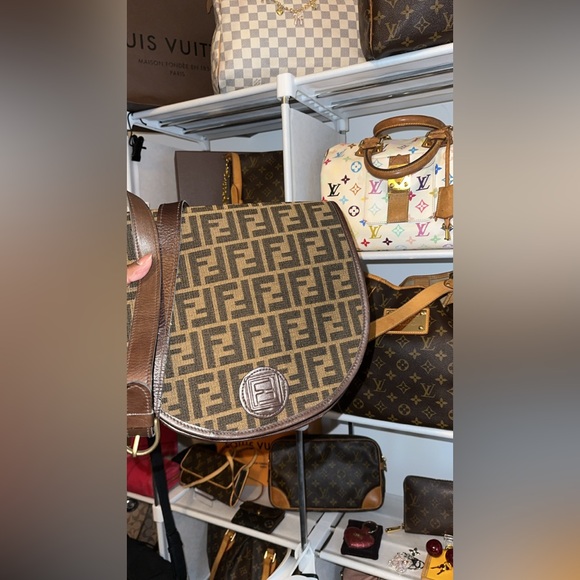 Vintage Fendi Zucchino FF Canvas Saddle Shoulder Bag Brown - Picture 9 of 13